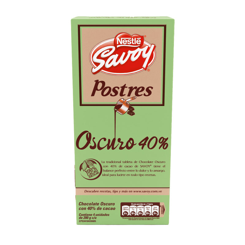 Caja Chocolate Savoy Oscuro Postres 40% - 4 Unidades