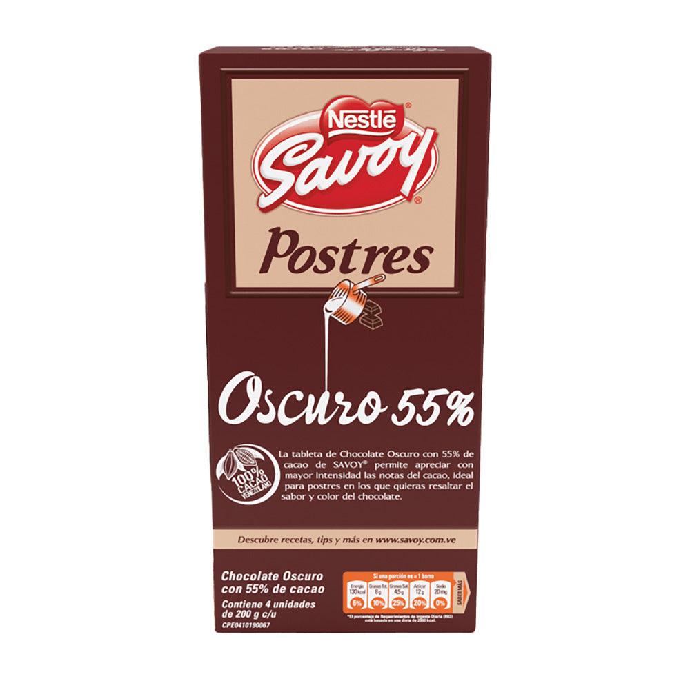 Caja Chocolate Savoy Oscuro Postres 55% - 4 Unidades